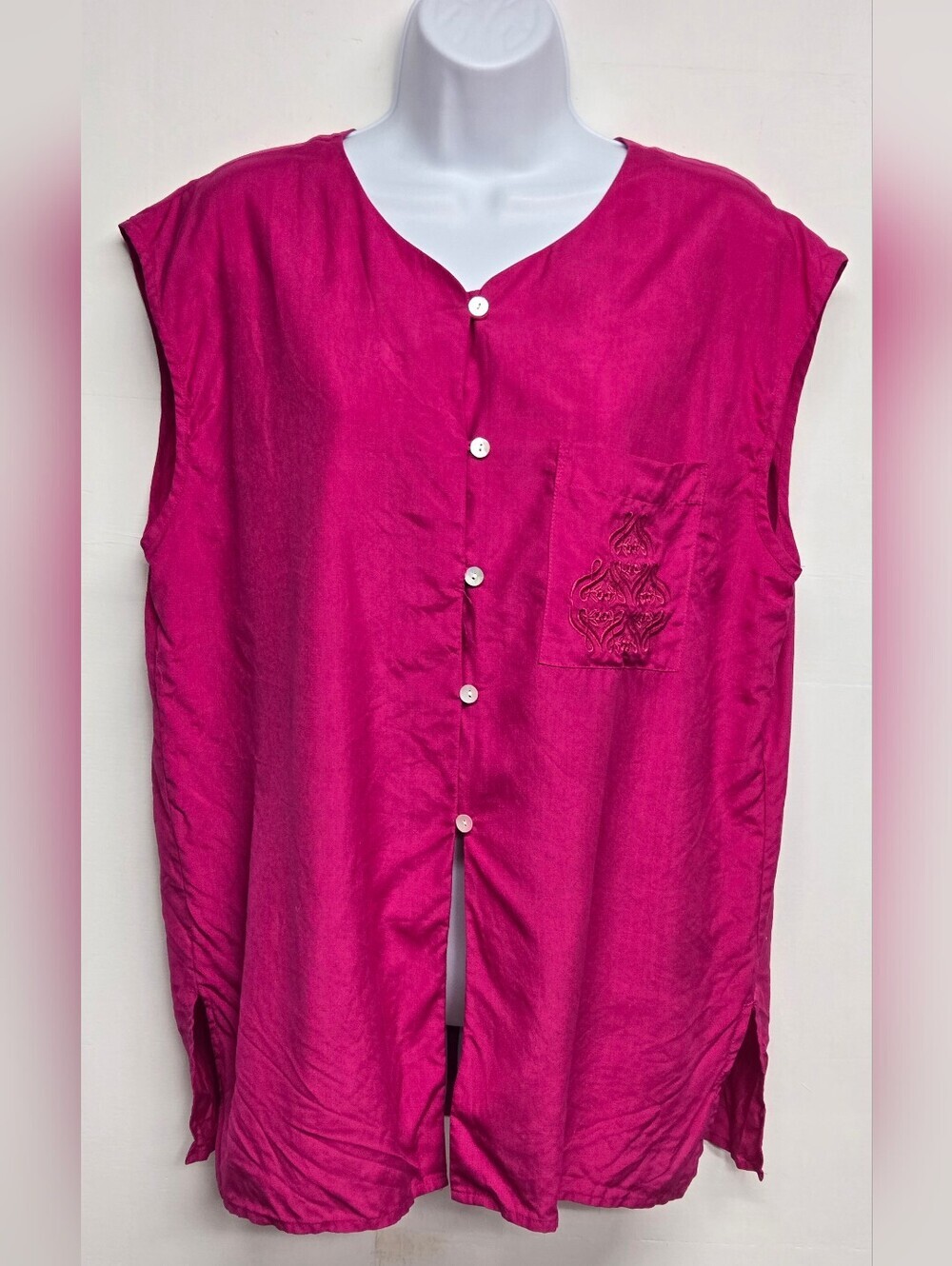 Silk Land L Vintage Top Button Down Shirt Sleeveless Pocket Front Vent Pink